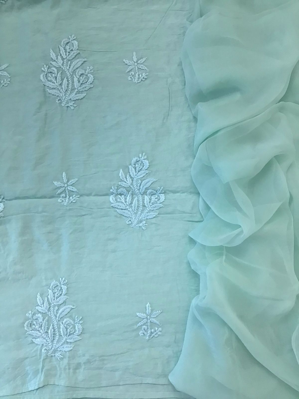 Pure Chanderi Chikankari Work Suit - Seagreen