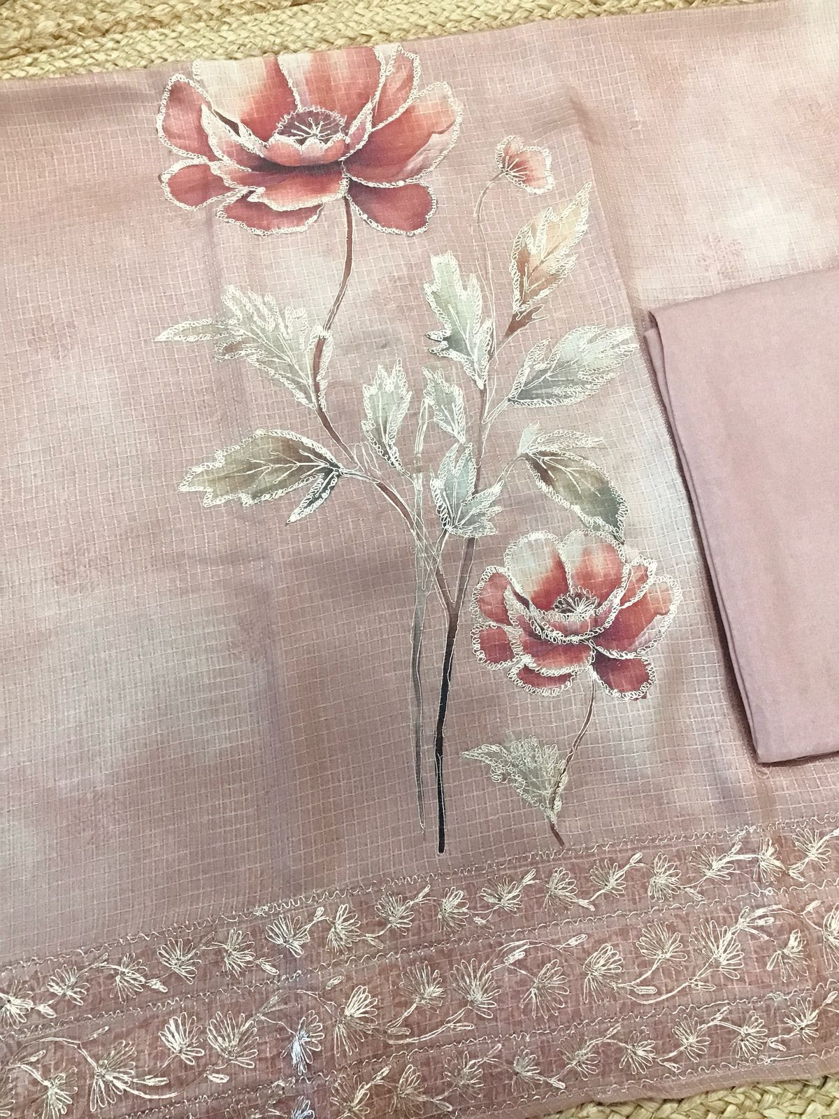 Soft Raw Silk Printed Self Weaved Embroidered Suit - Onion Pink