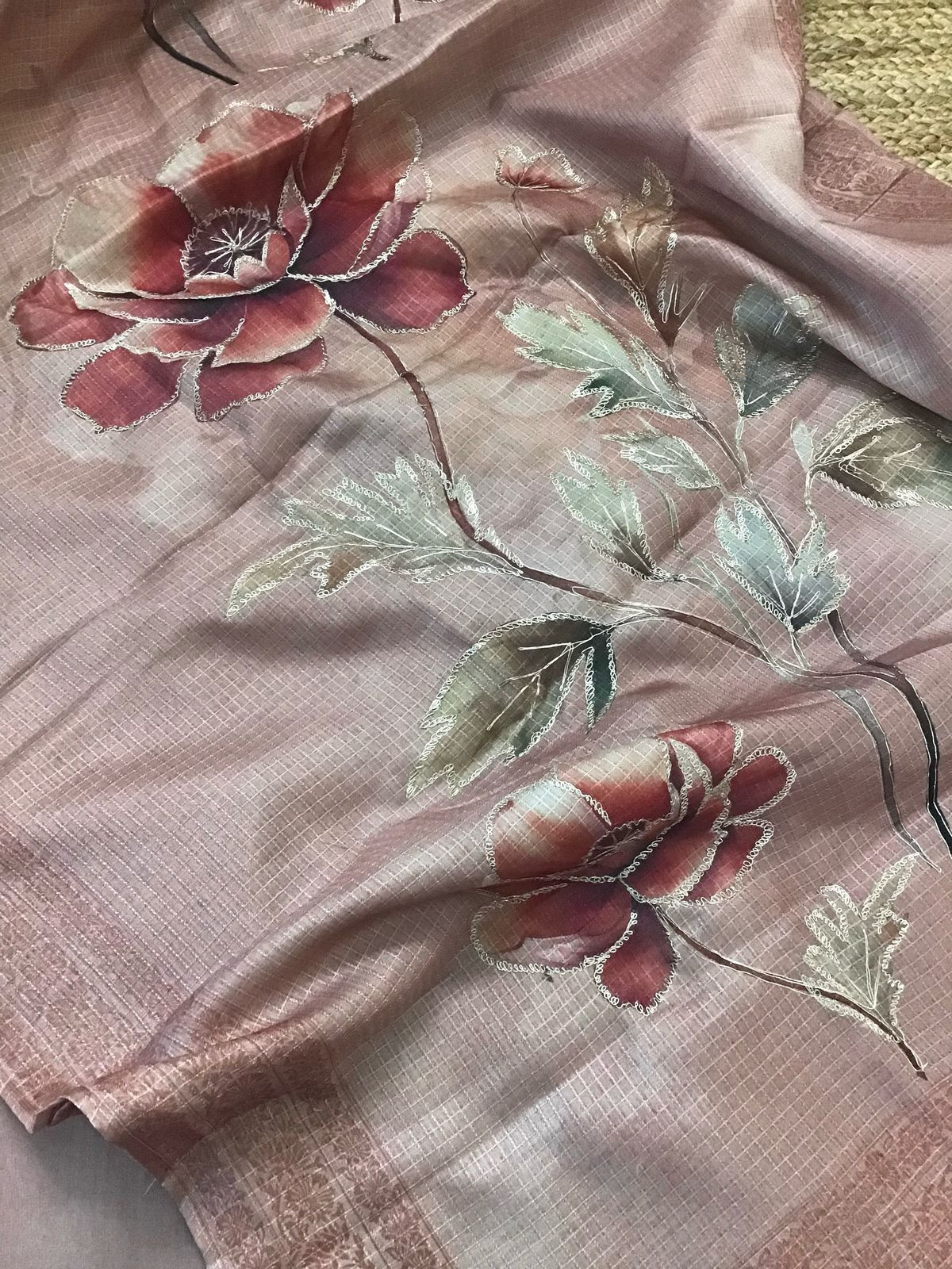 Soft Raw Silk Printed Self Weaved Embroidered Suit - Onion Pink