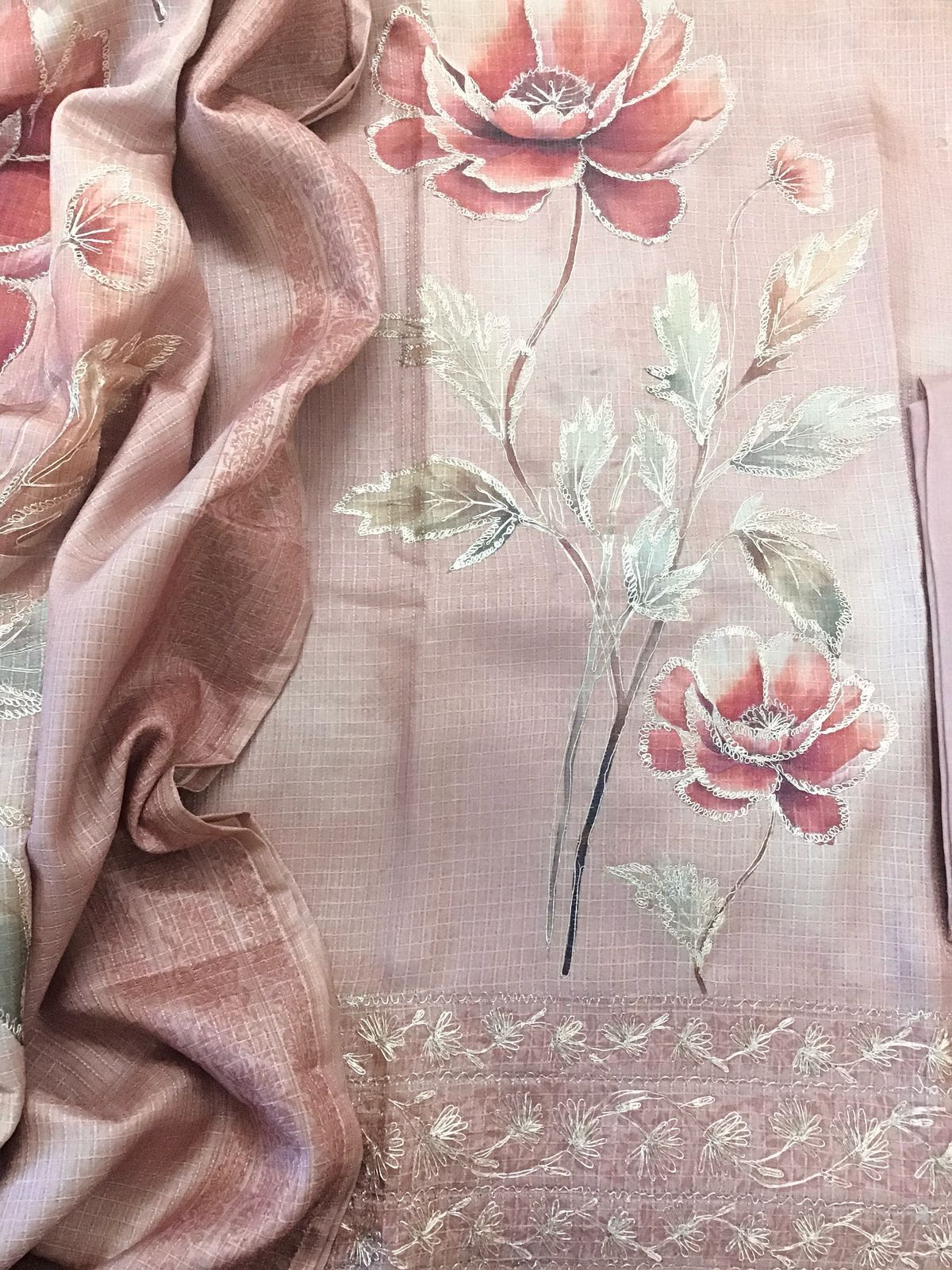 Soft Raw Silk Printed Self Weaved Embroidered Suit - Onion Pink