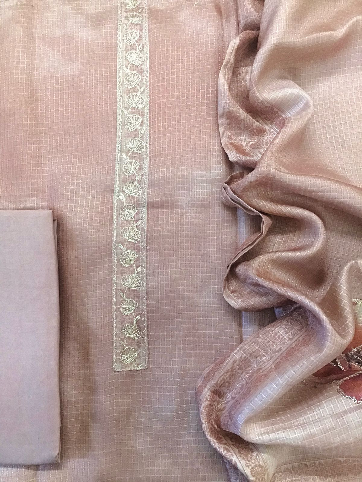 Soft Raw Silk Printed Self Weaved Embroidered Suit - Onion Pink