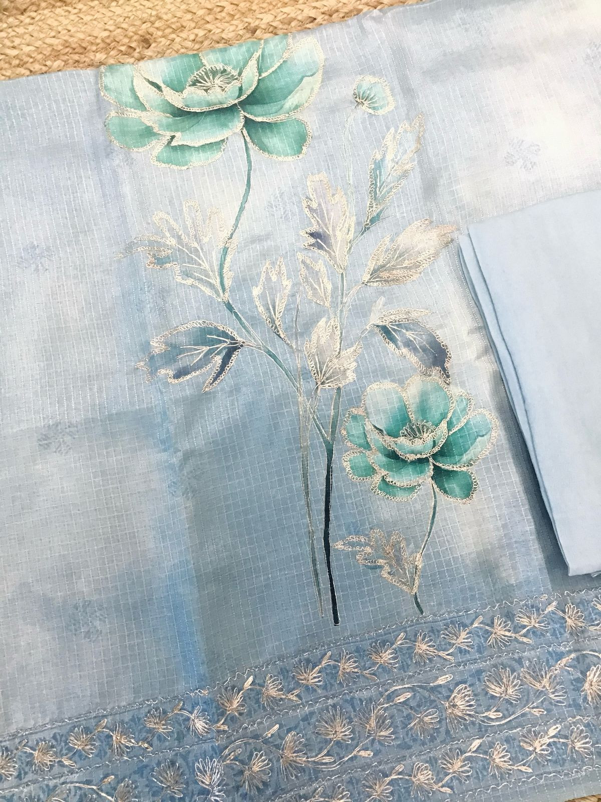 Soft Raw Silk Printed Self Weaved Embroidered Suit - Blue