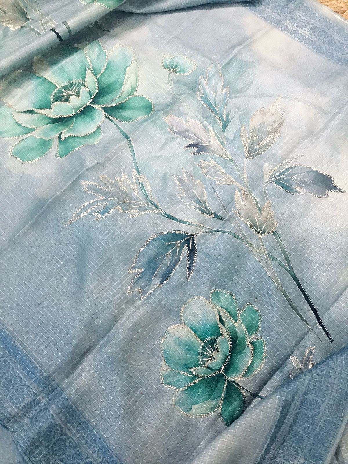 Soft Raw Silk Printed Self Weaved Embroidered Suit - Blue