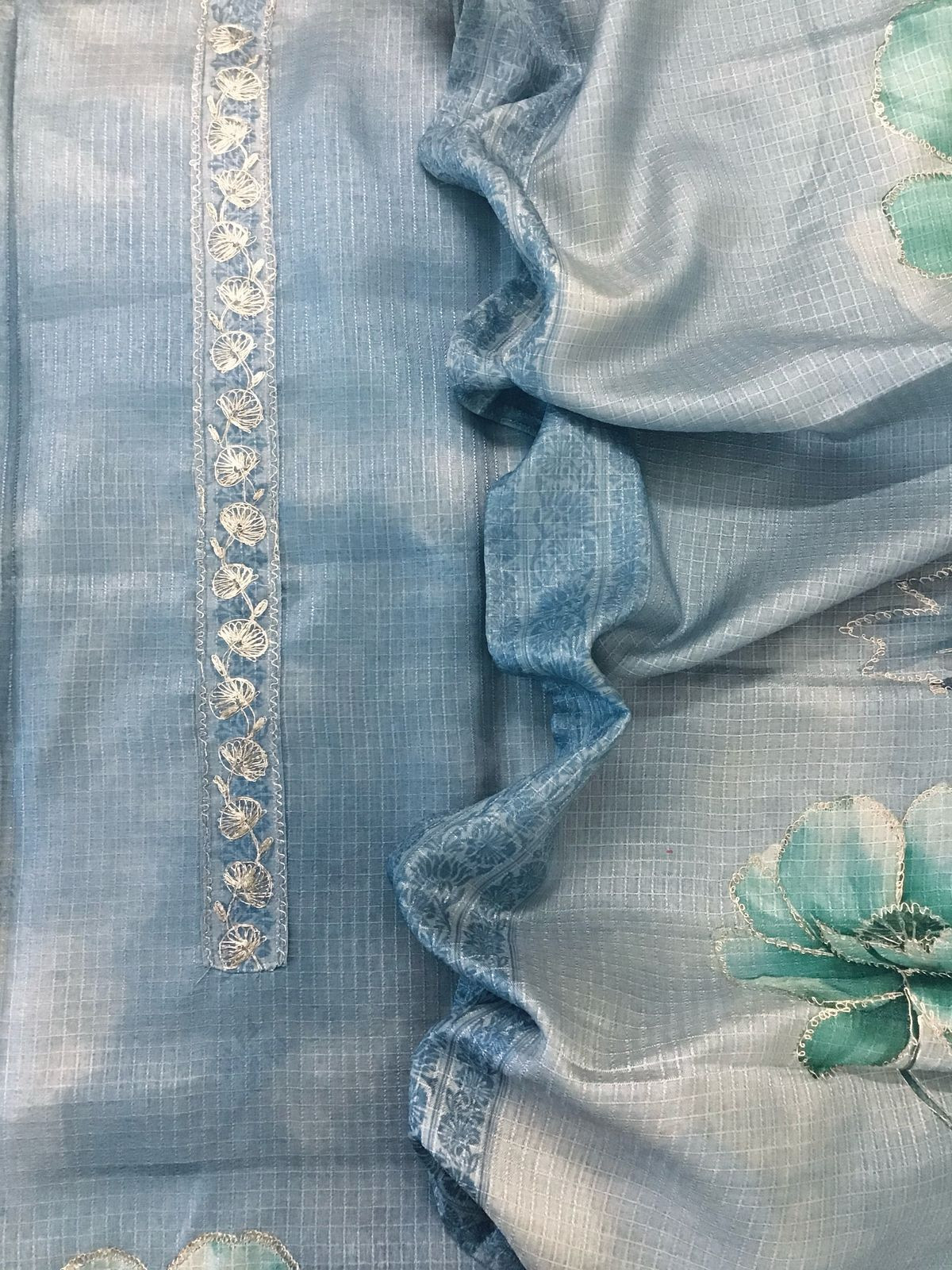 Soft Raw Silk Printed Self Weaved Embroidered Suit - Blue