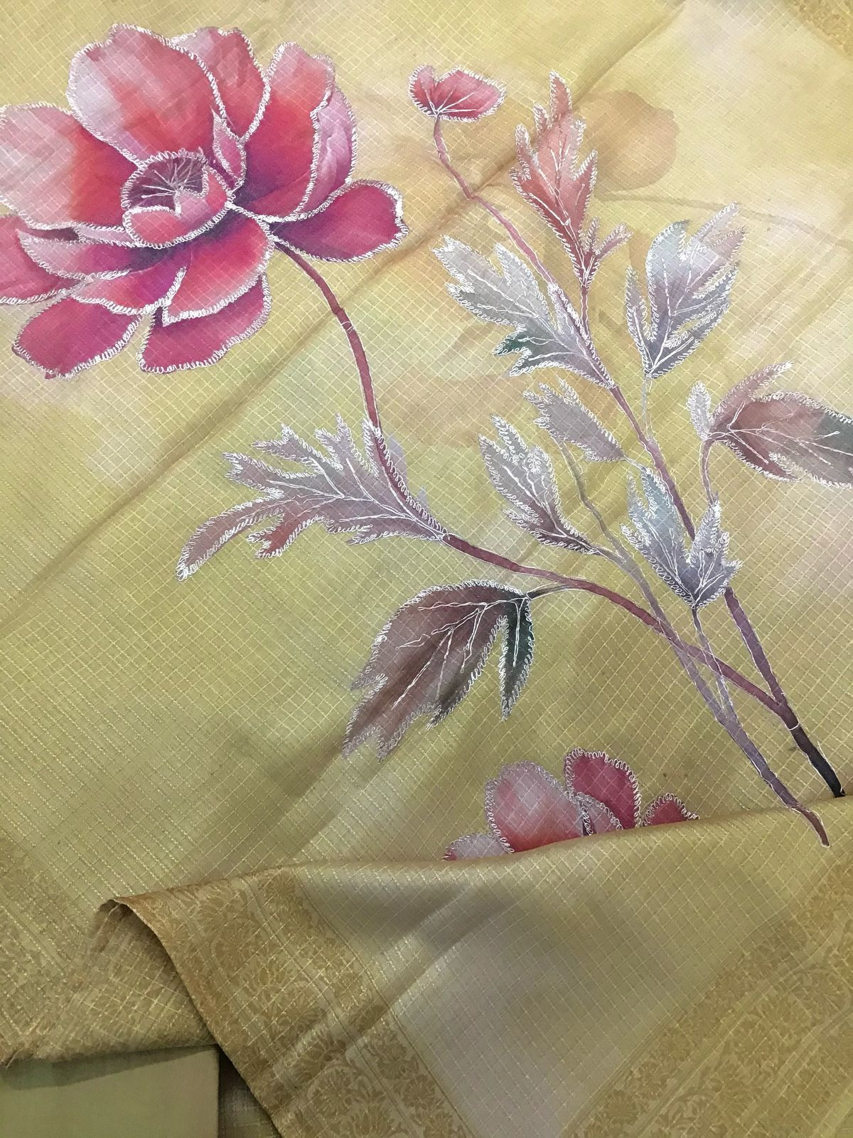 Soft Raw Silk Printed Self Weaved Embroidered Suit - yellow