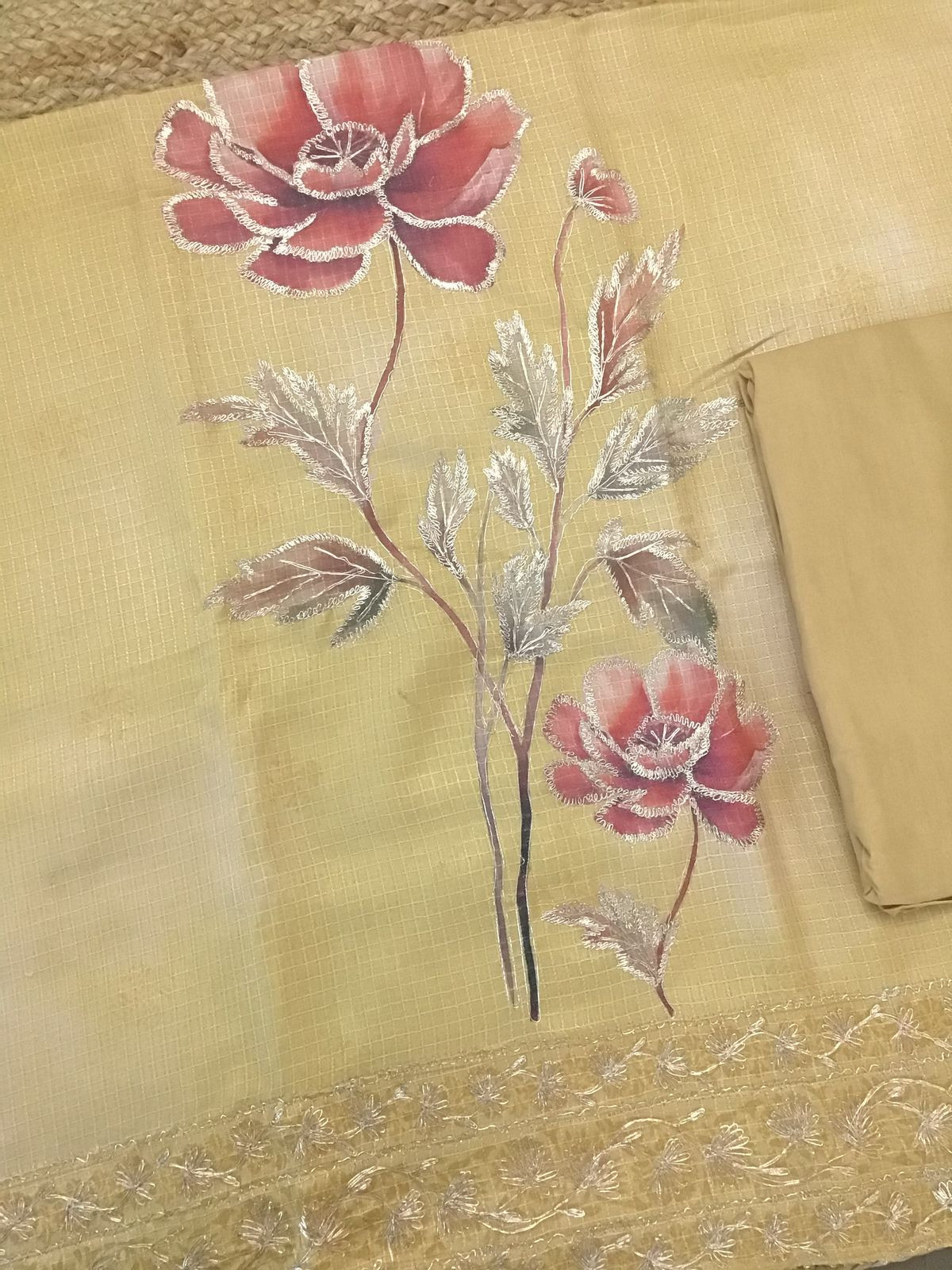 Soft Raw Silk Printed Self Weaved Embroidered Suit - yellow