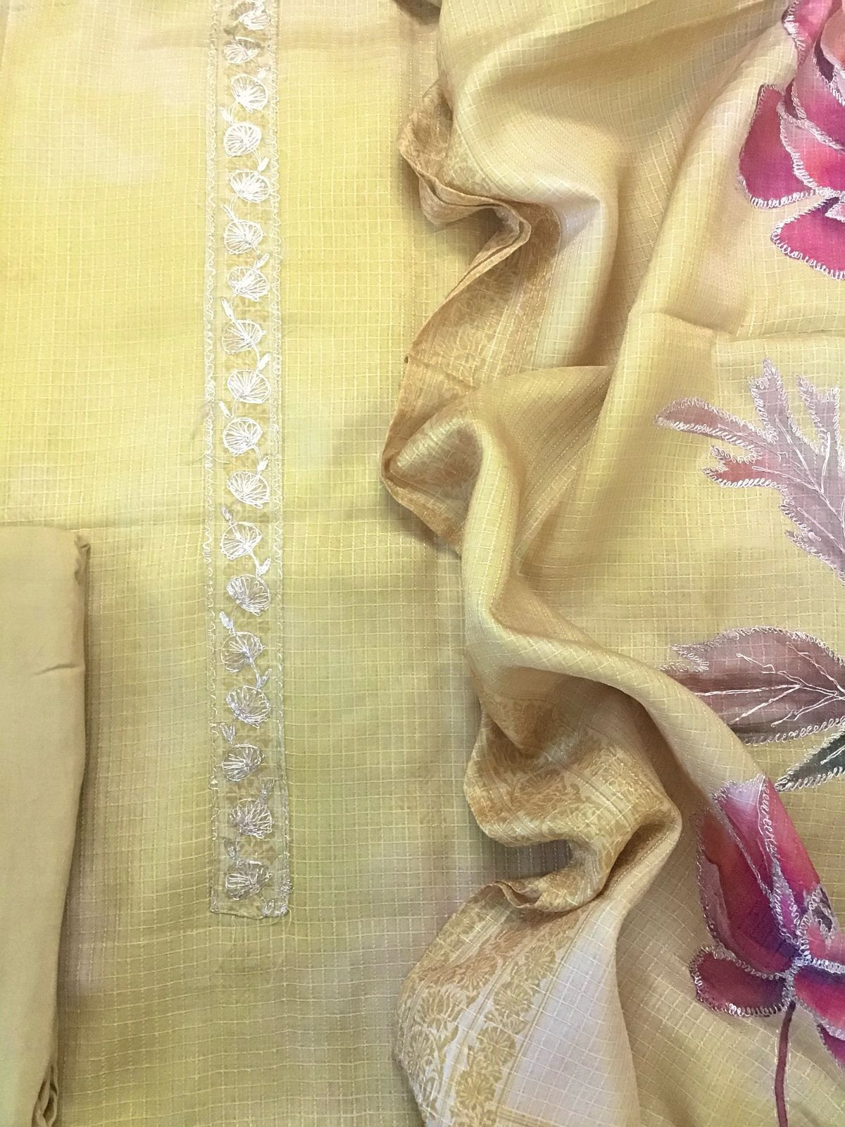 Soft Raw Silk Printed Self Weaved Embroidered Suit - yellow