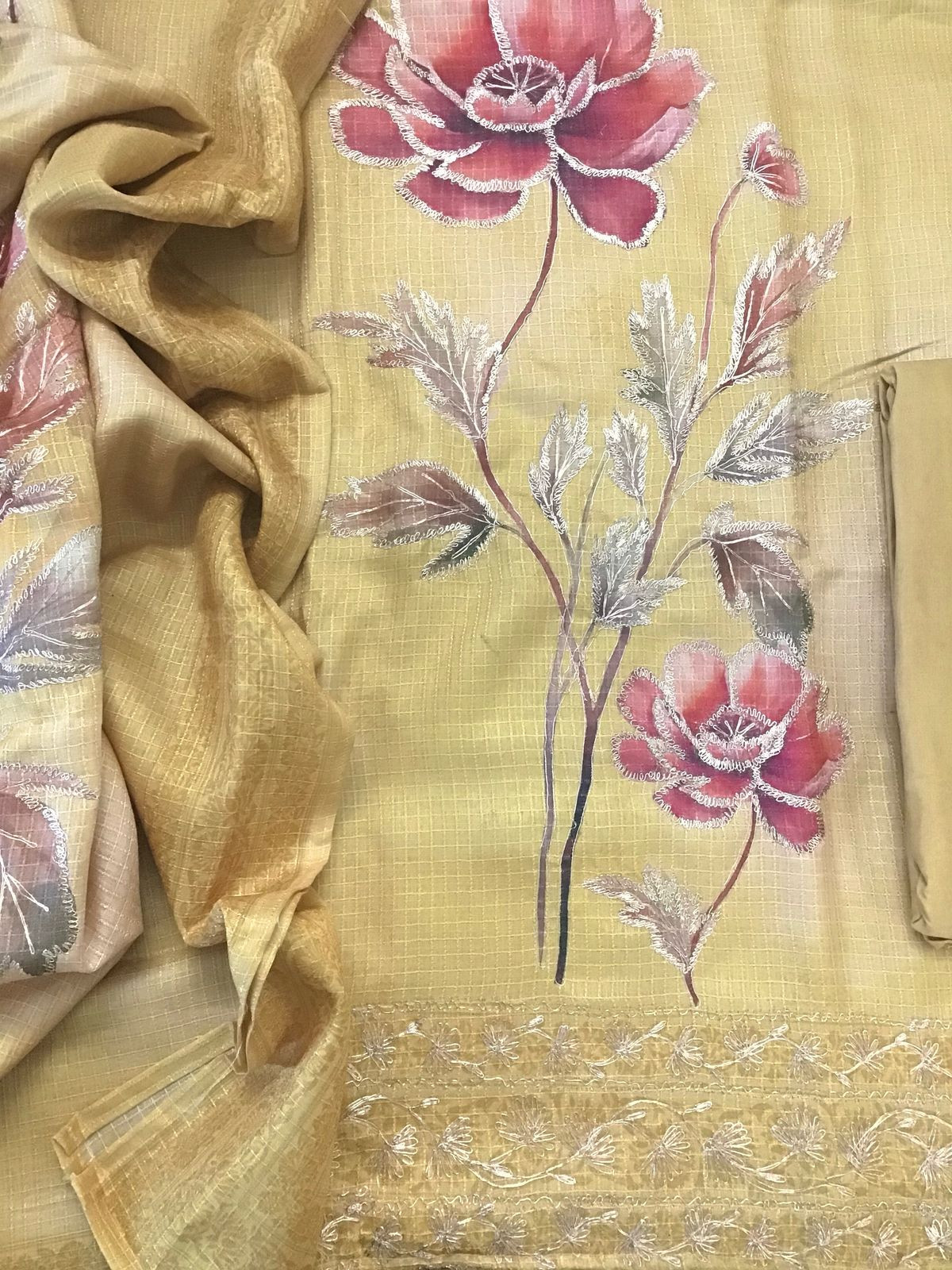 Soft Raw Silk Printed Self Weaved Embroidered Suit - yellow