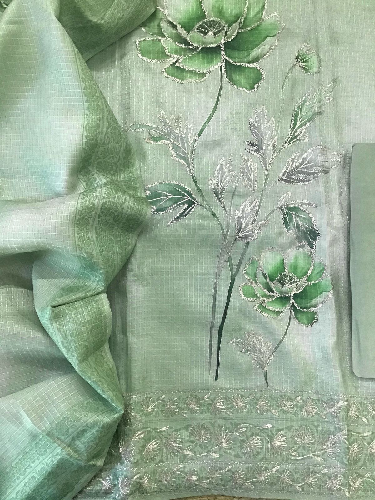 Soft Raw Silk Printed Self Weaved Embroidered Suit - green