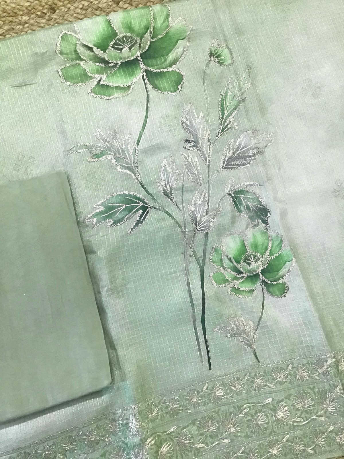 Soft Raw Silk Printed Self Weaved Embroidered Suit - green