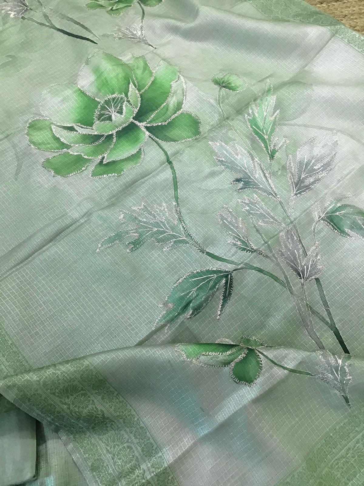 Soft Raw Silk Printed Self Weaved Embroidered Suit - green