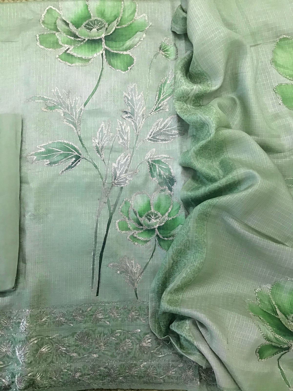 Soft Raw Silk Printed Self Weaved Embroidered Suit - green