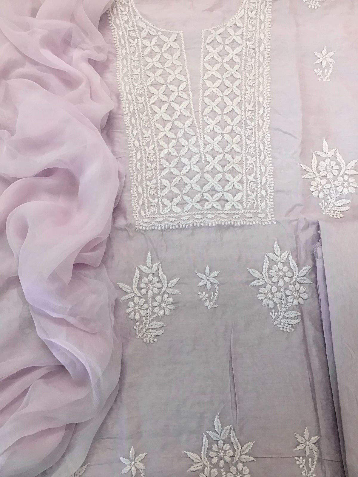 Pure Chanderi Chikankari Work Suit - Lavender