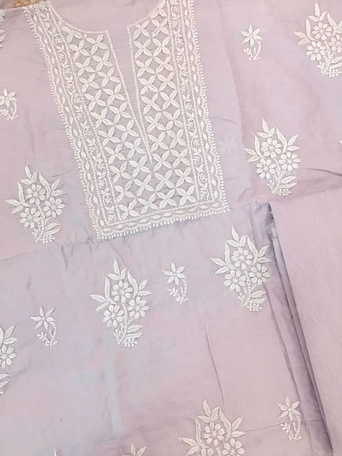Pure Chanderi Chikankari Work Suit - Lavender