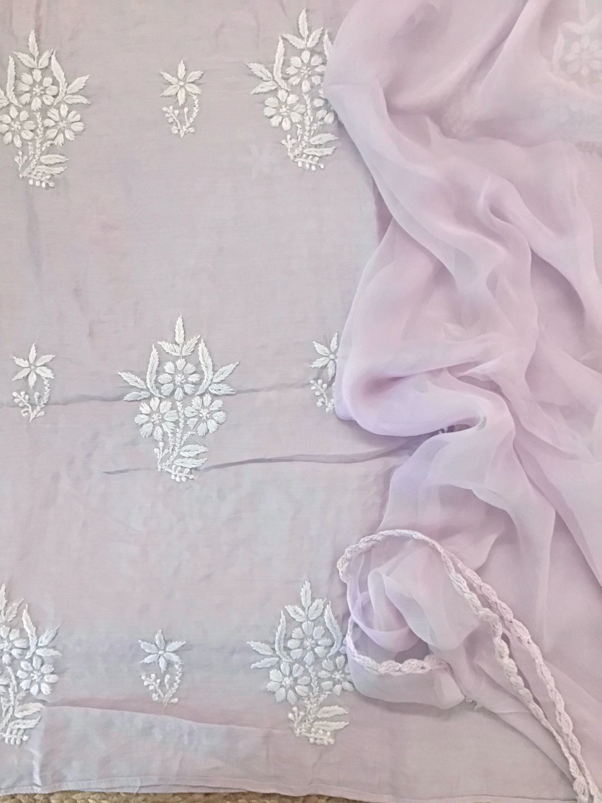 Pure Chanderi Chikankari Work Suit - Lavender