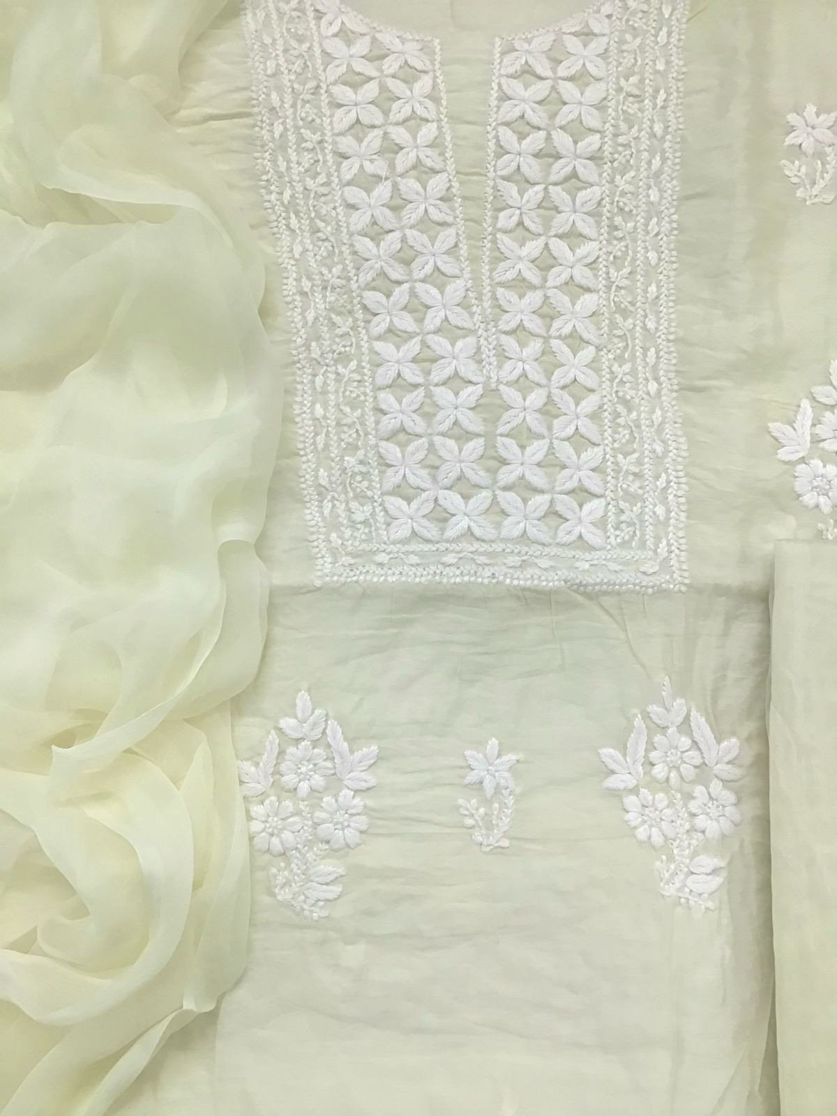 Pure Chanderi Chikankari Work Suit - Cream