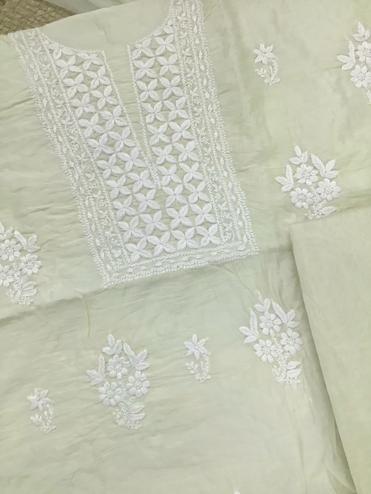 Pure Chanderi Chikankari Work Suit - Cream