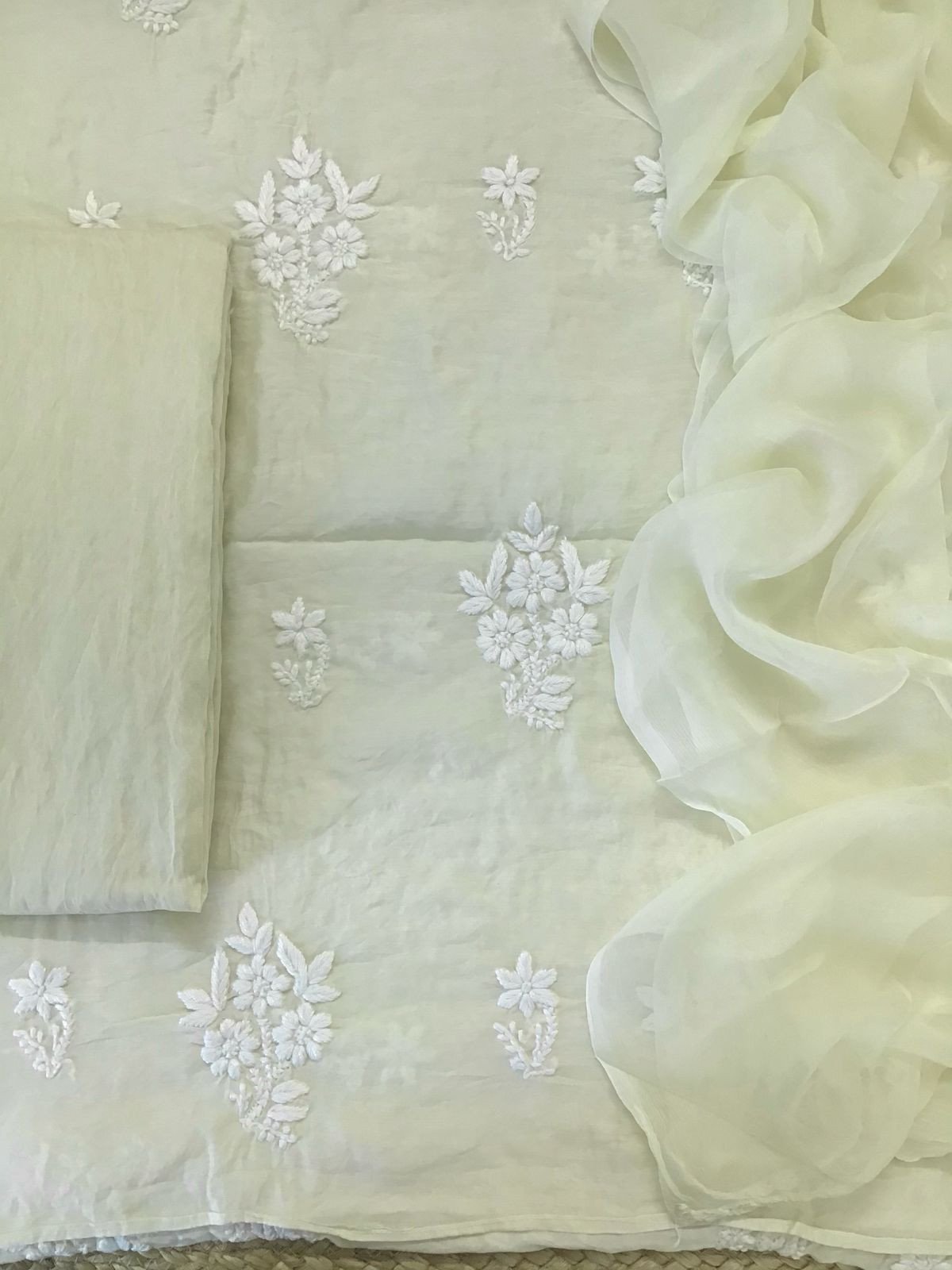 Pure Chanderi Chikankari Work Suit - Cream