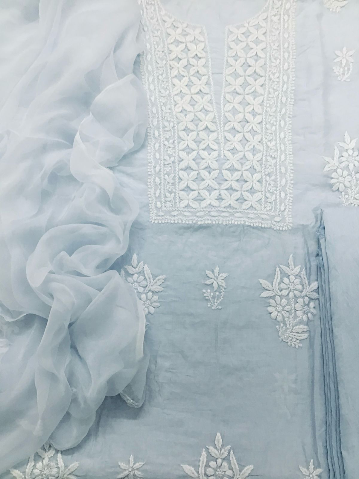 Pure Chanderi Chikankari Work Suit - Powder Blue