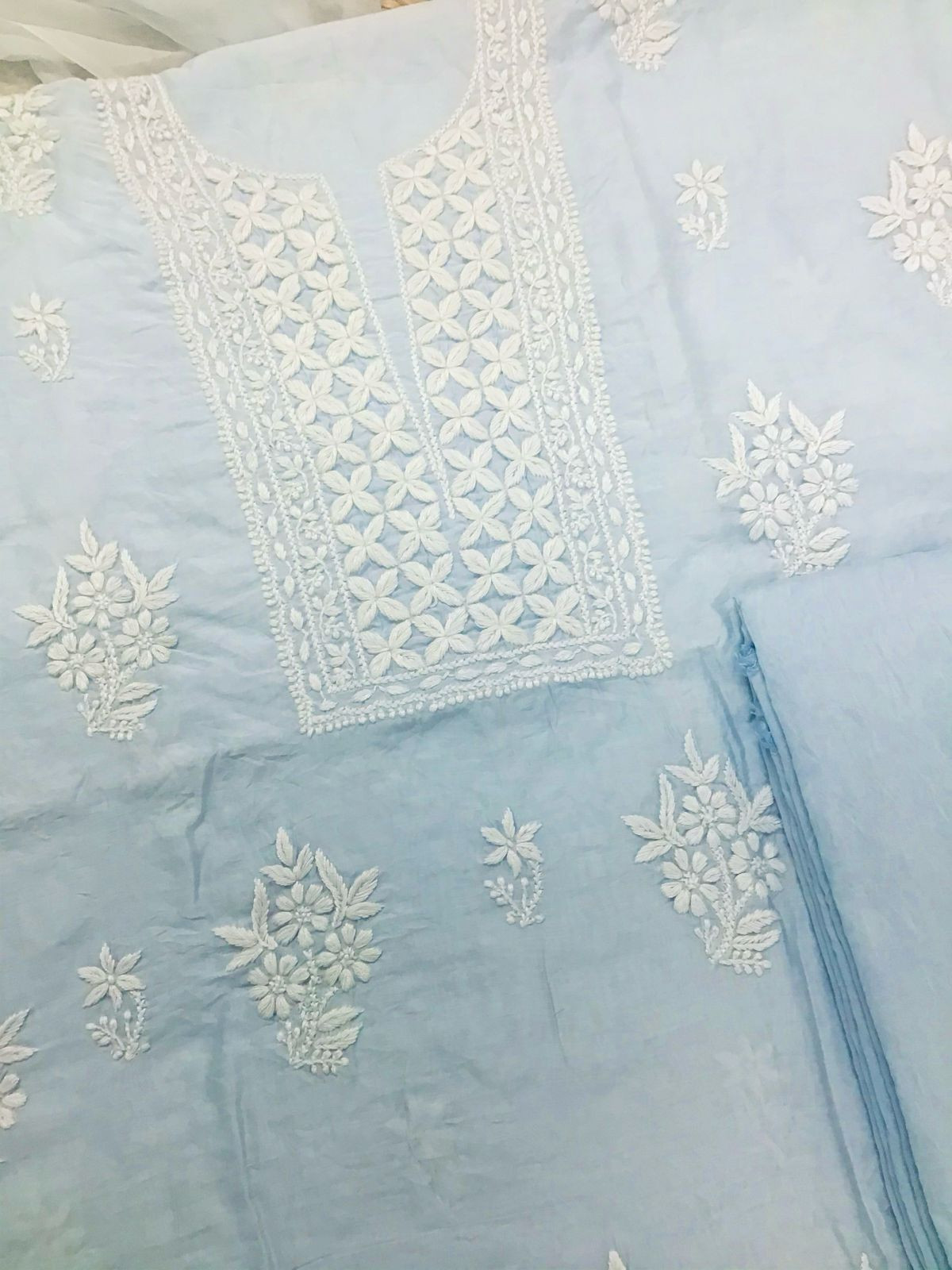 Pure Chanderi Chikankari Work Suit - Powder Blue