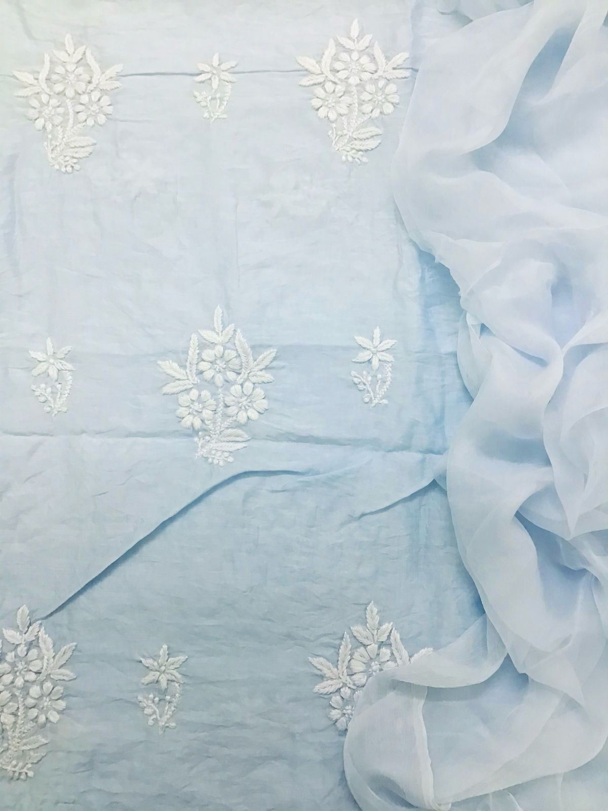 Pure Chanderi Chikankari Work Suit - Powder Blue