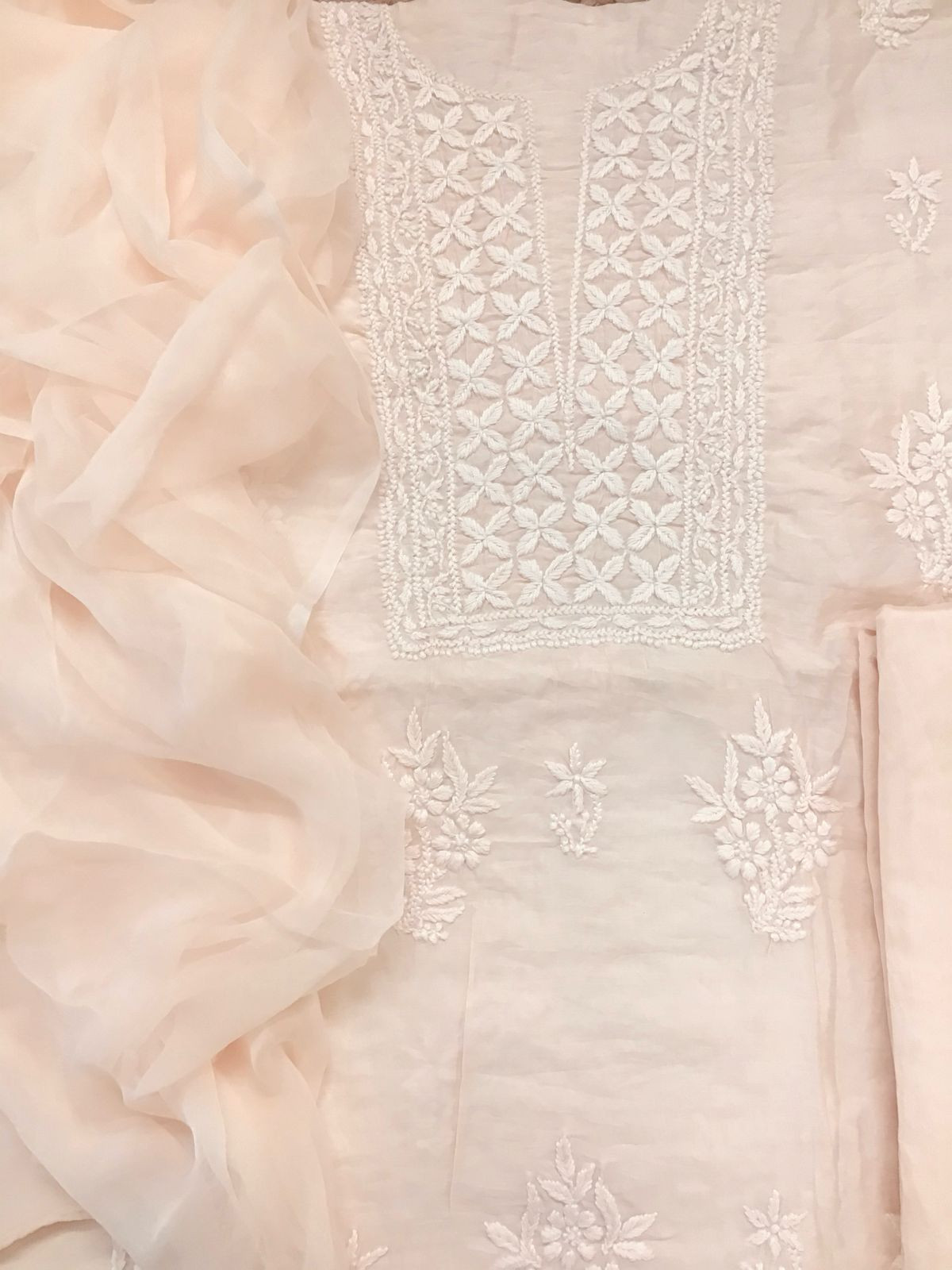Pure Chanderi Chikankari Work Suit - Peach