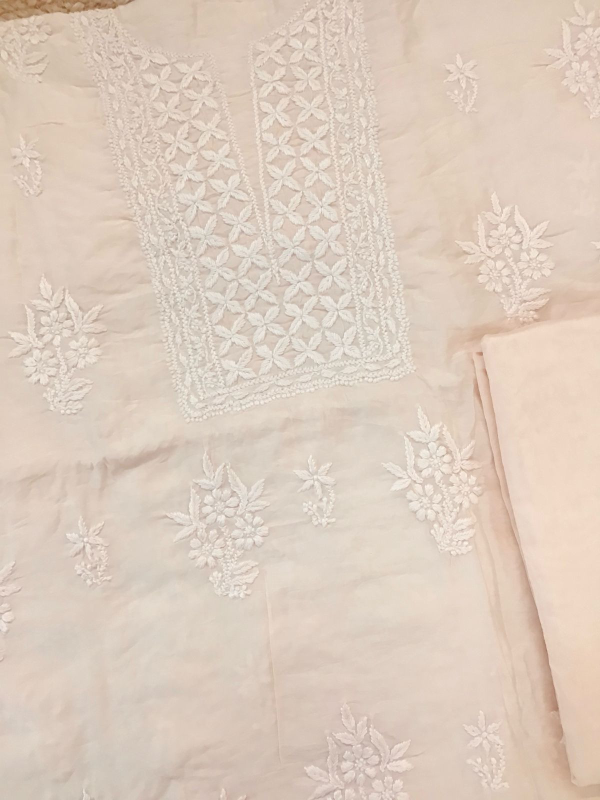 Pure Chanderi Chikankari Work Suit - Peach