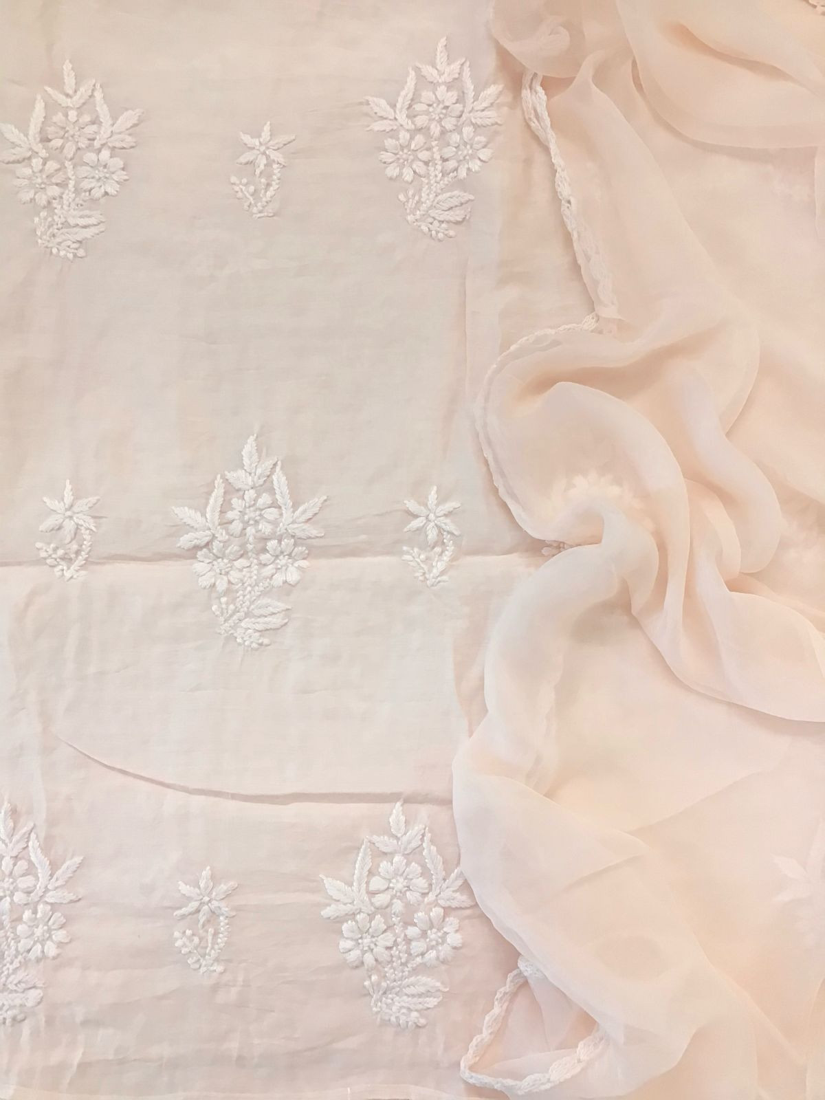 Pure Chanderi Chikankari Work Suit - Peach