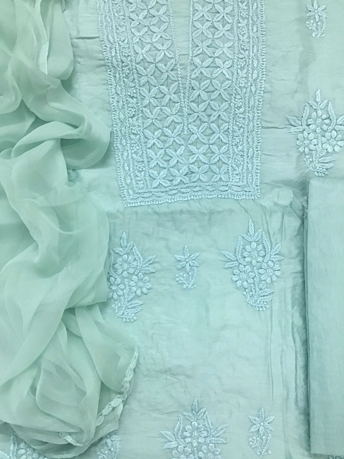 Pure Chanderi Chikankari Work Suit - Seagreen