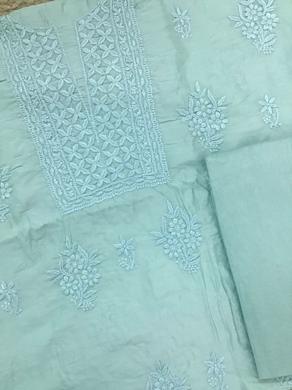Pure Chanderi Chikankari Work Suit - Seagreen