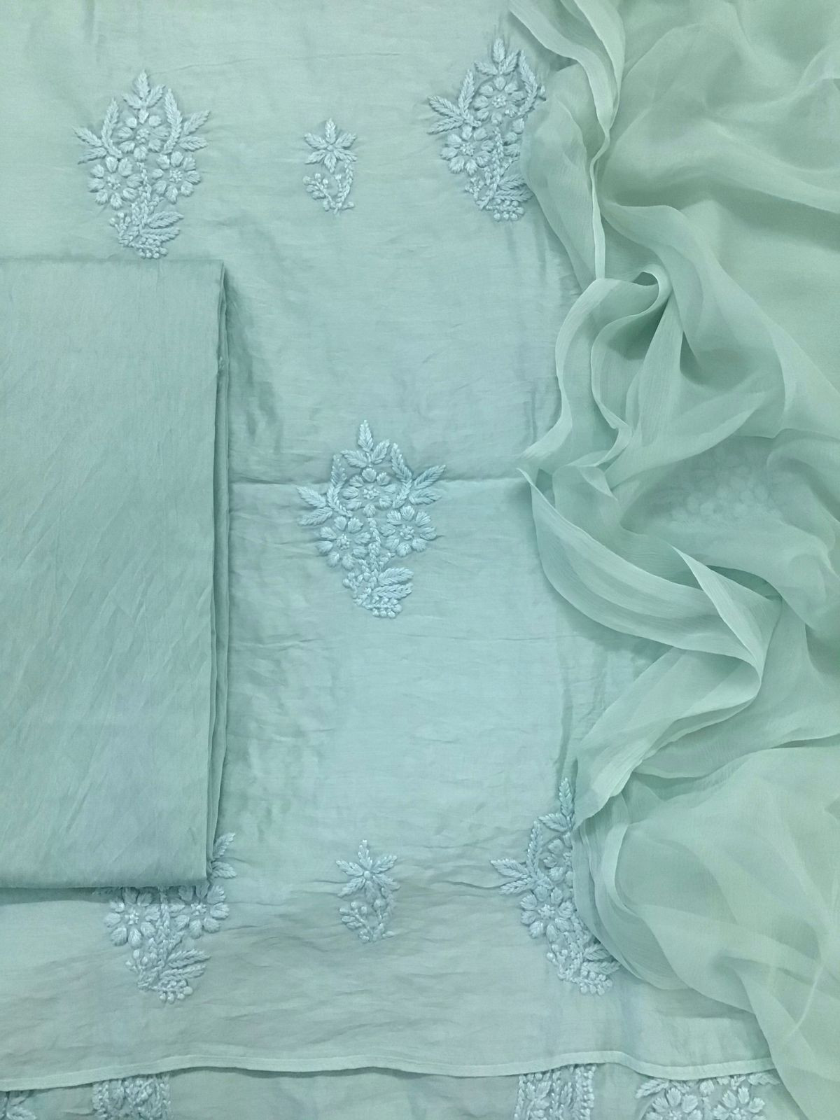 Pure Chanderi Chikankari Work Suit - Seagreen