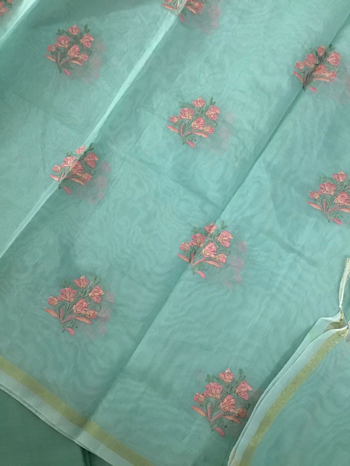 Soft Chanderi Embroidered Suit - Sea Green