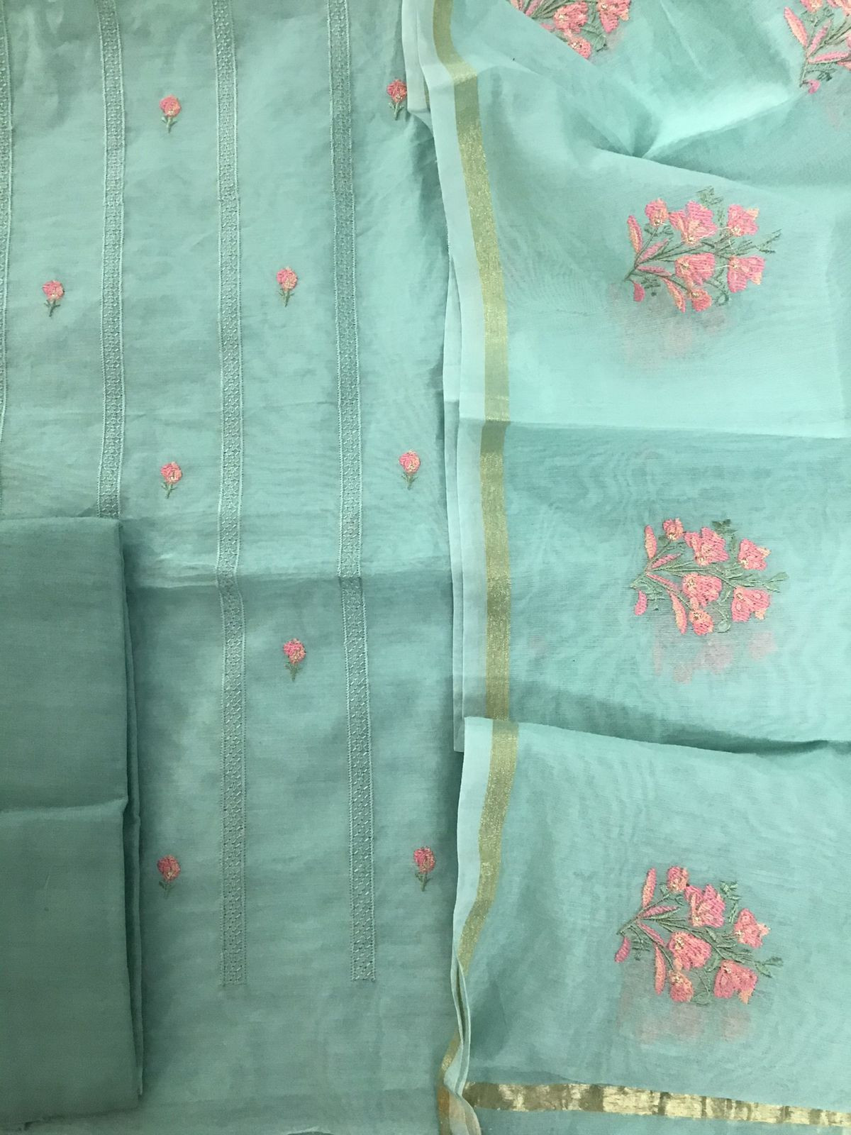 Soft Chanderi Embroidered Suit - Sea Green