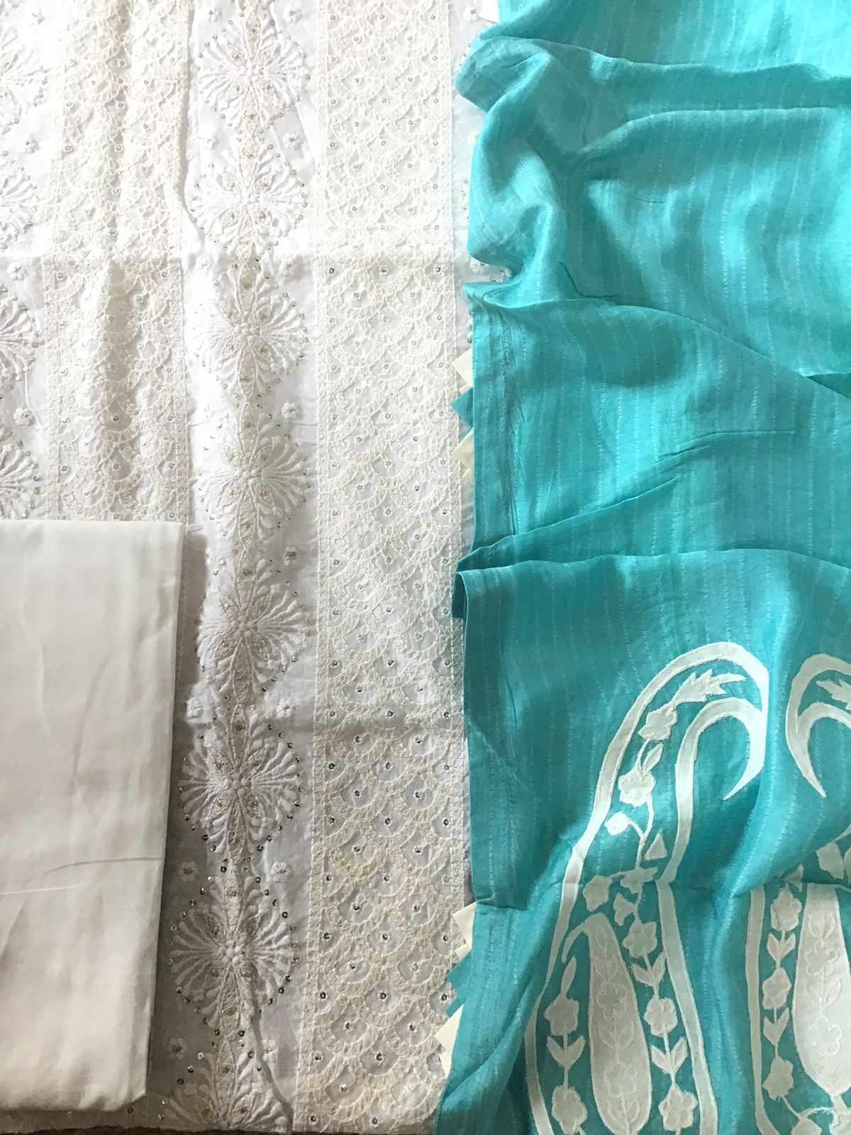 Pure Chanderi Printed Embroidered Suit - White