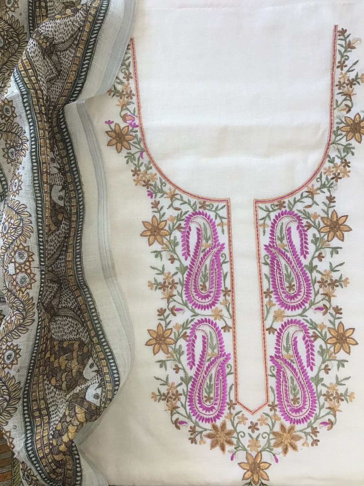 Pure Linen Jute Cotton Printed Embroidered Suit - Offwhite