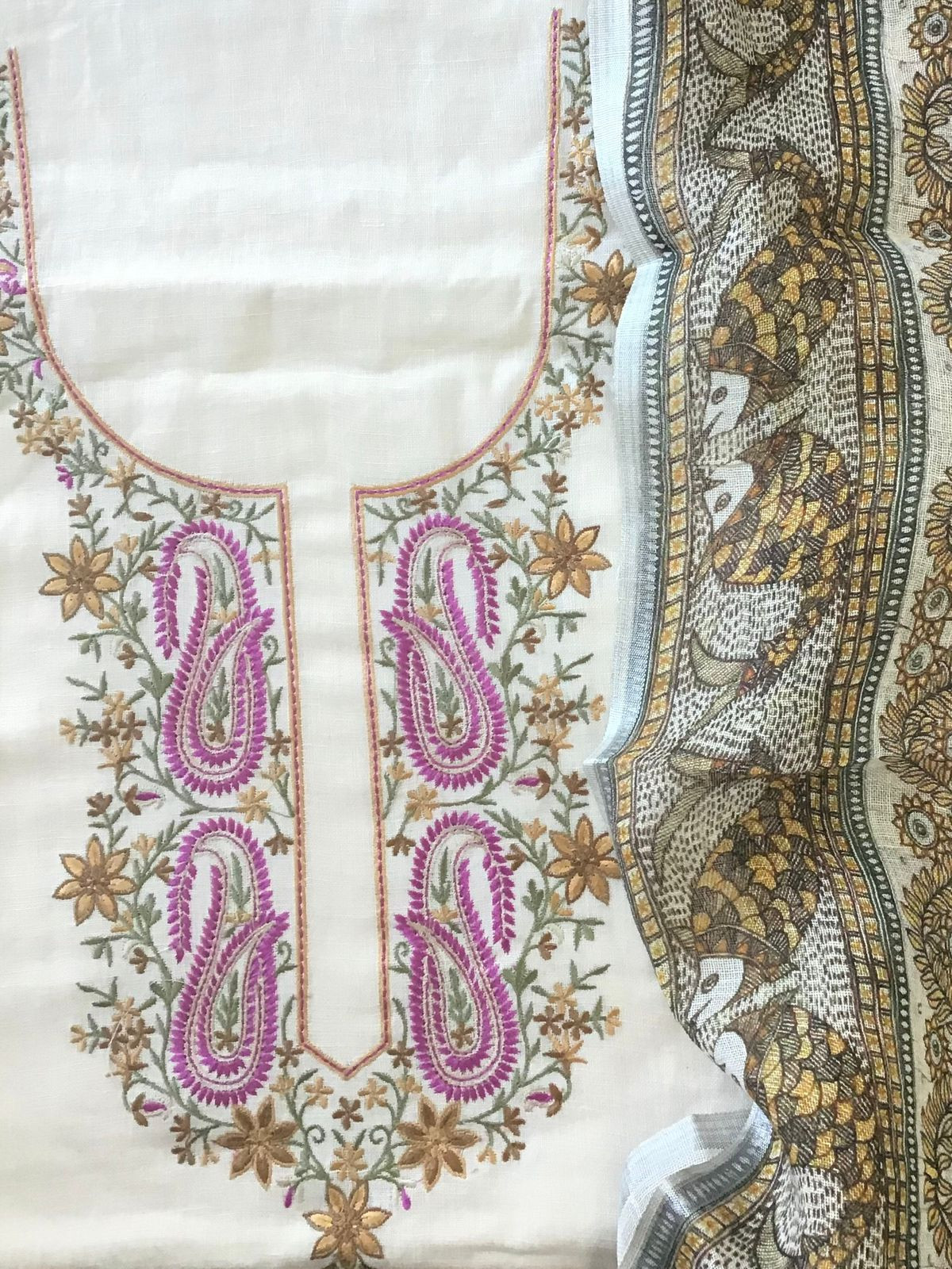 Pure Linen Jute Cotton Printed Embroidered Suit - Offwhite