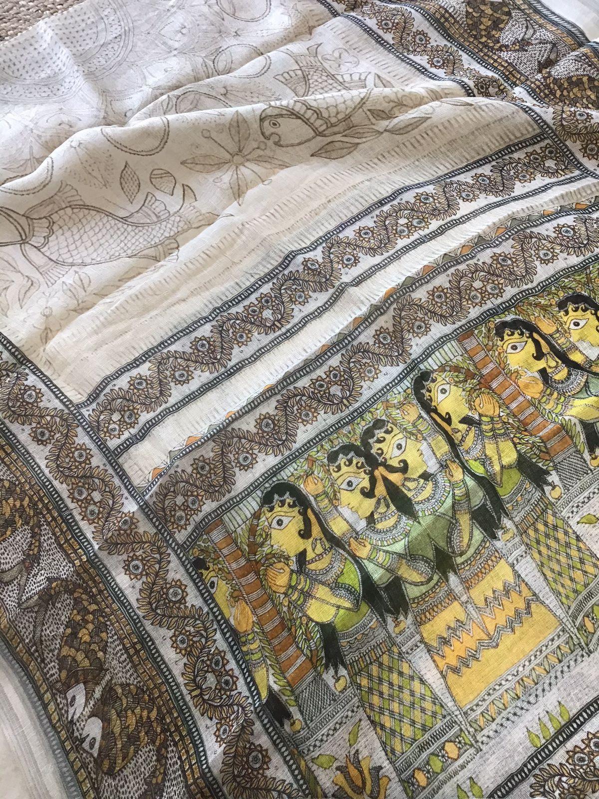 Pure Linen Jute Cotton Printed Embroidered Suit - Offwhite