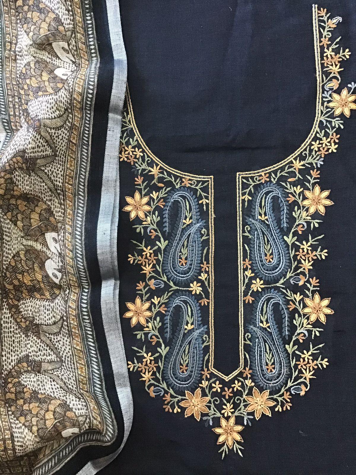 Pure Linen Jute Cotton Printed Embroidered Suit - Black