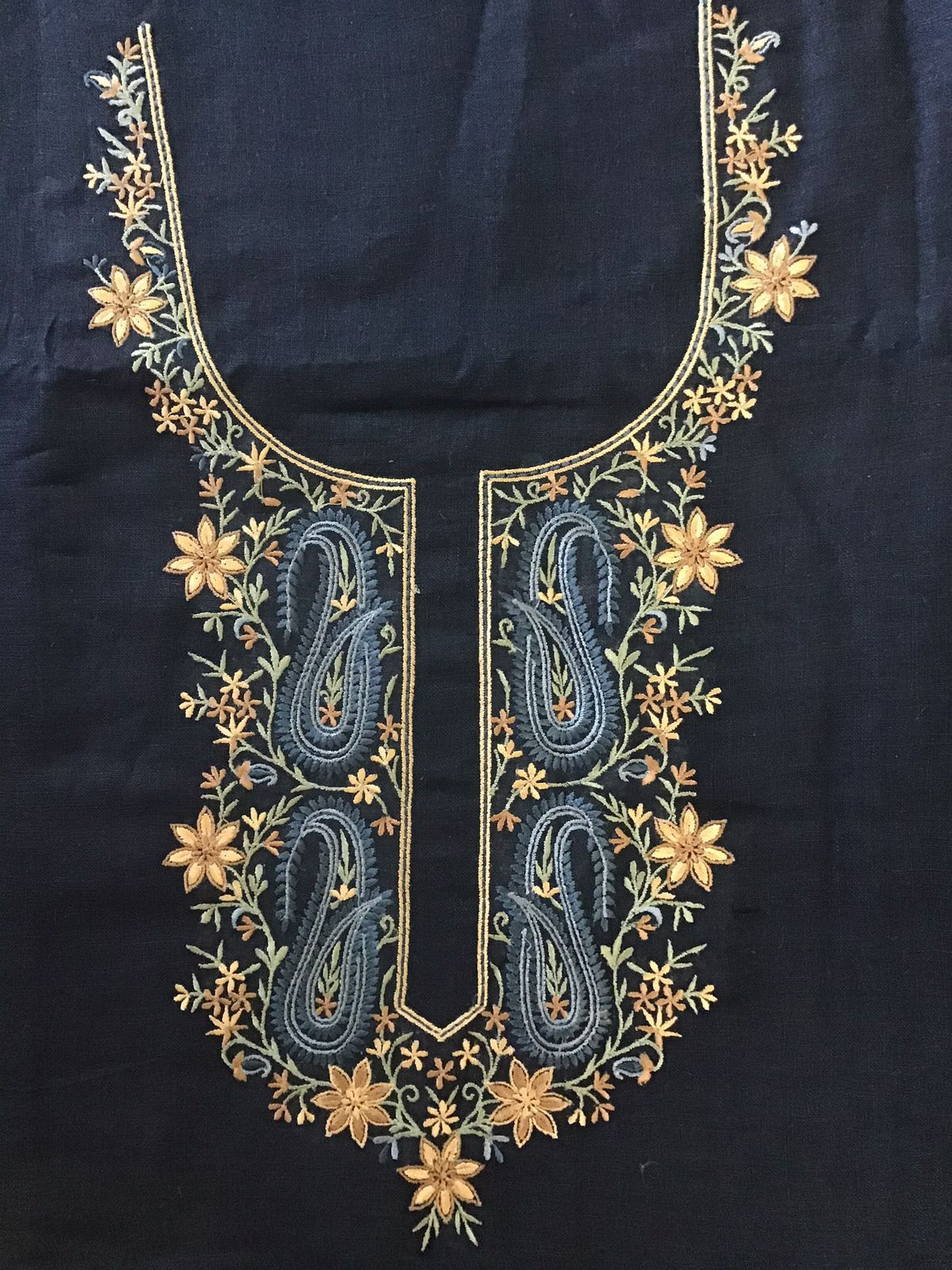 Pure Linen Jute Cotton Printed Embroidered Suit - Black