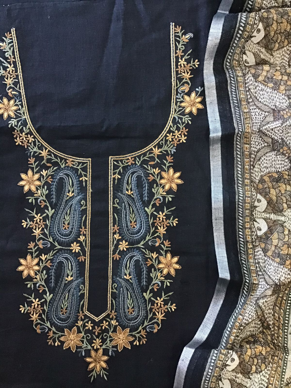 Pure Linen Jute Cotton Printed Embroidered Suit - Black