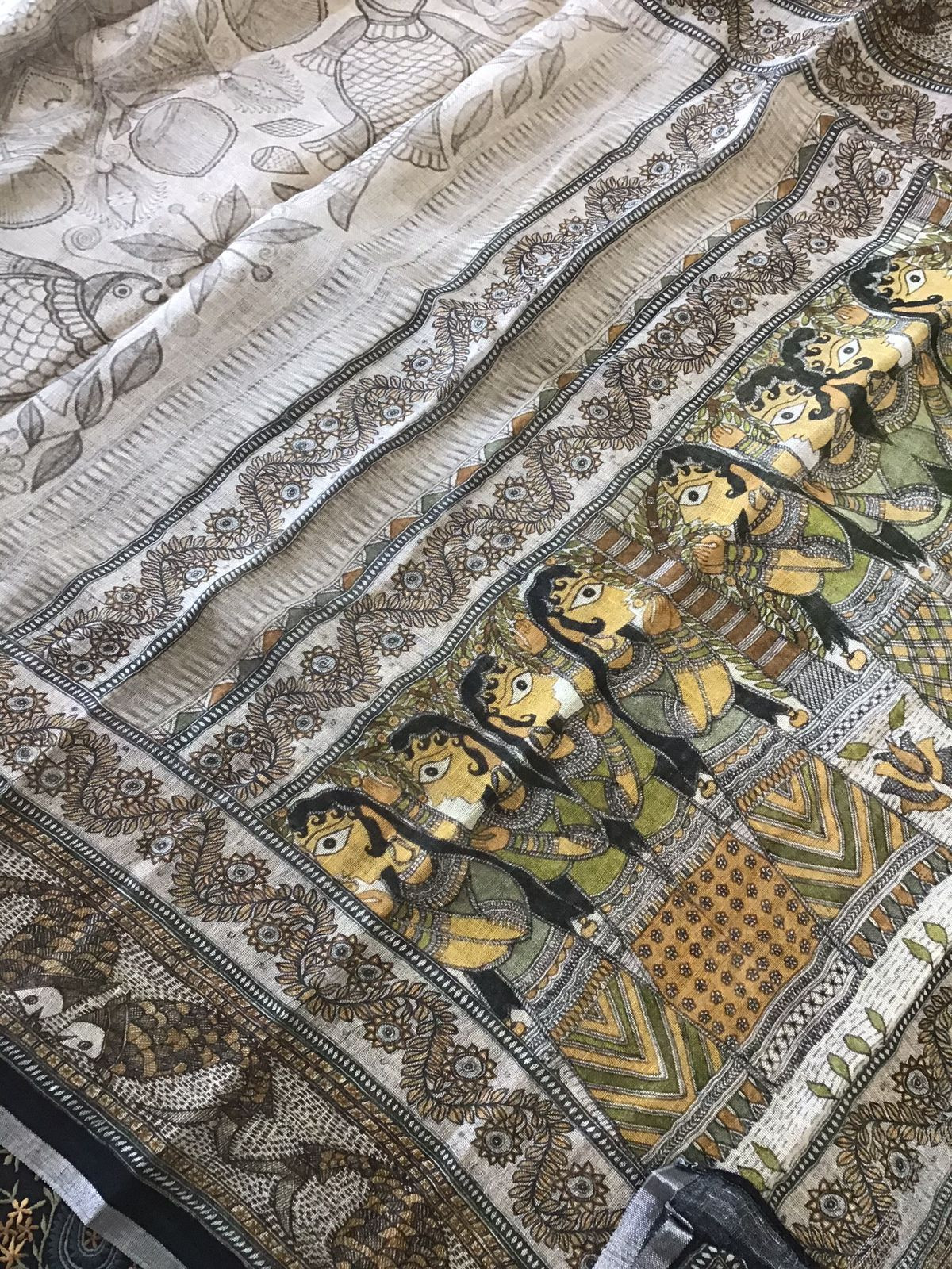 Pure Linen Jute Cotton Printed Embroidered Suit - Black