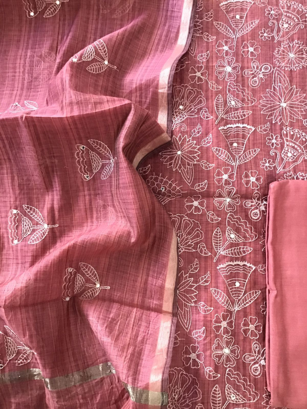 Soft Slub Chanderi Embroidered Suit - Dark Coral Pink