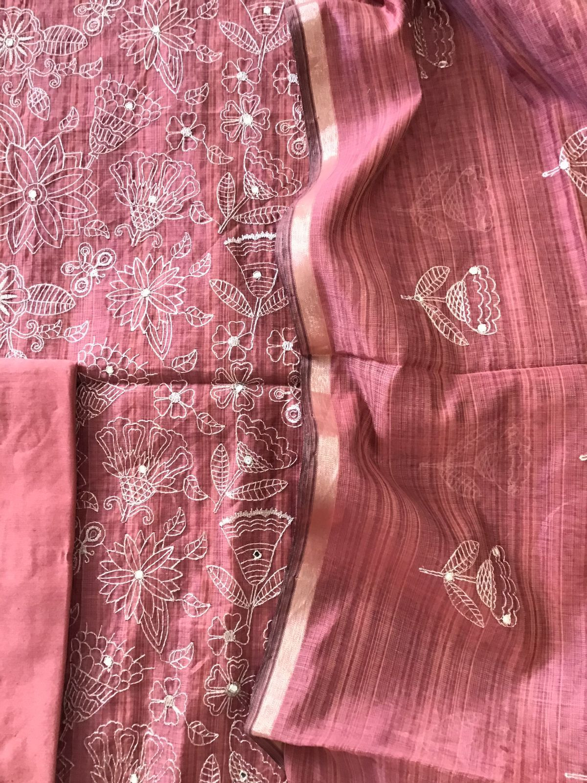 Soft Slub Chanderi Embroidered Suit - Dark Coral Pink