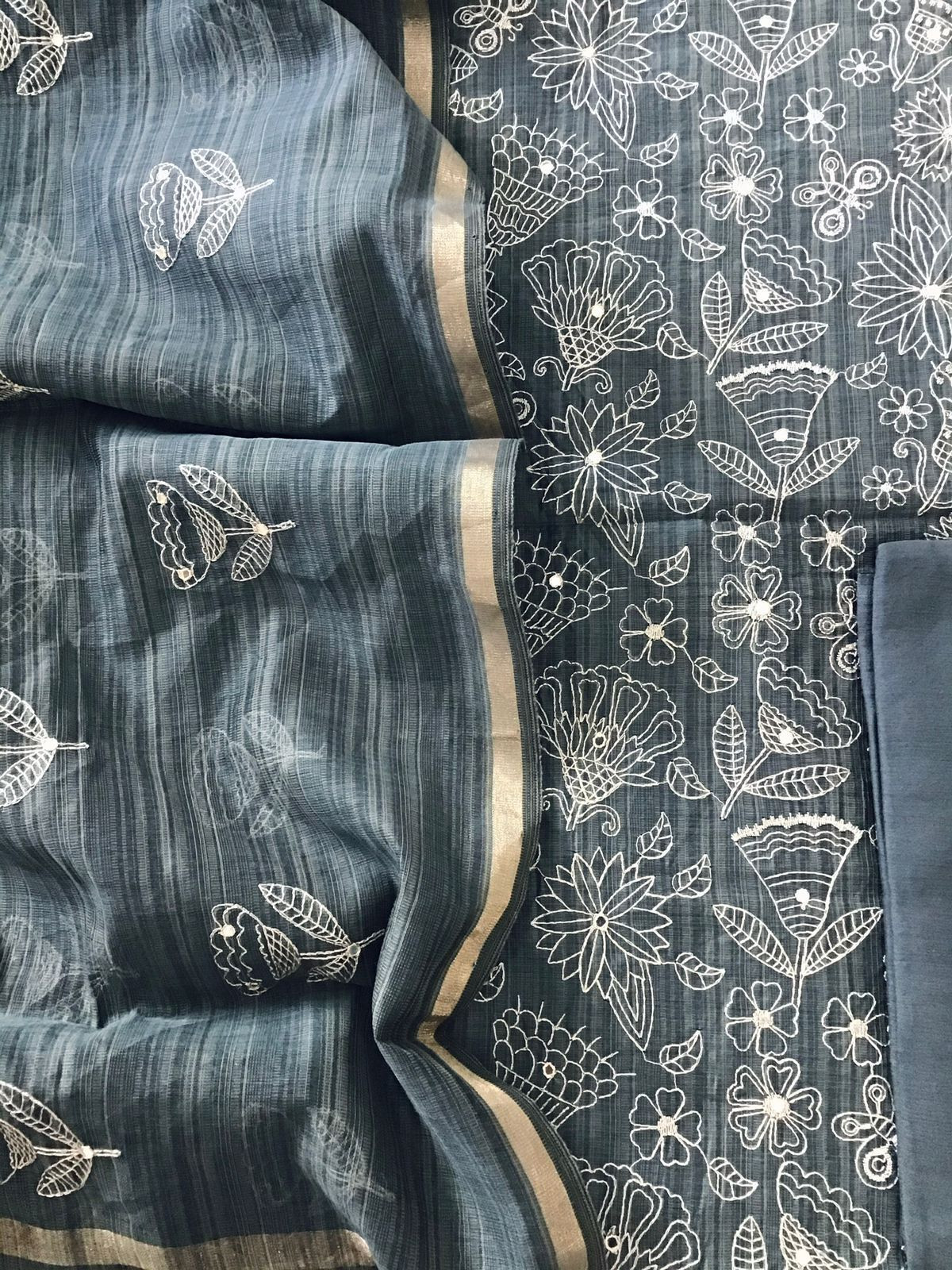 Soft Slub Chanderi Embroidered Suit - Dark Grey