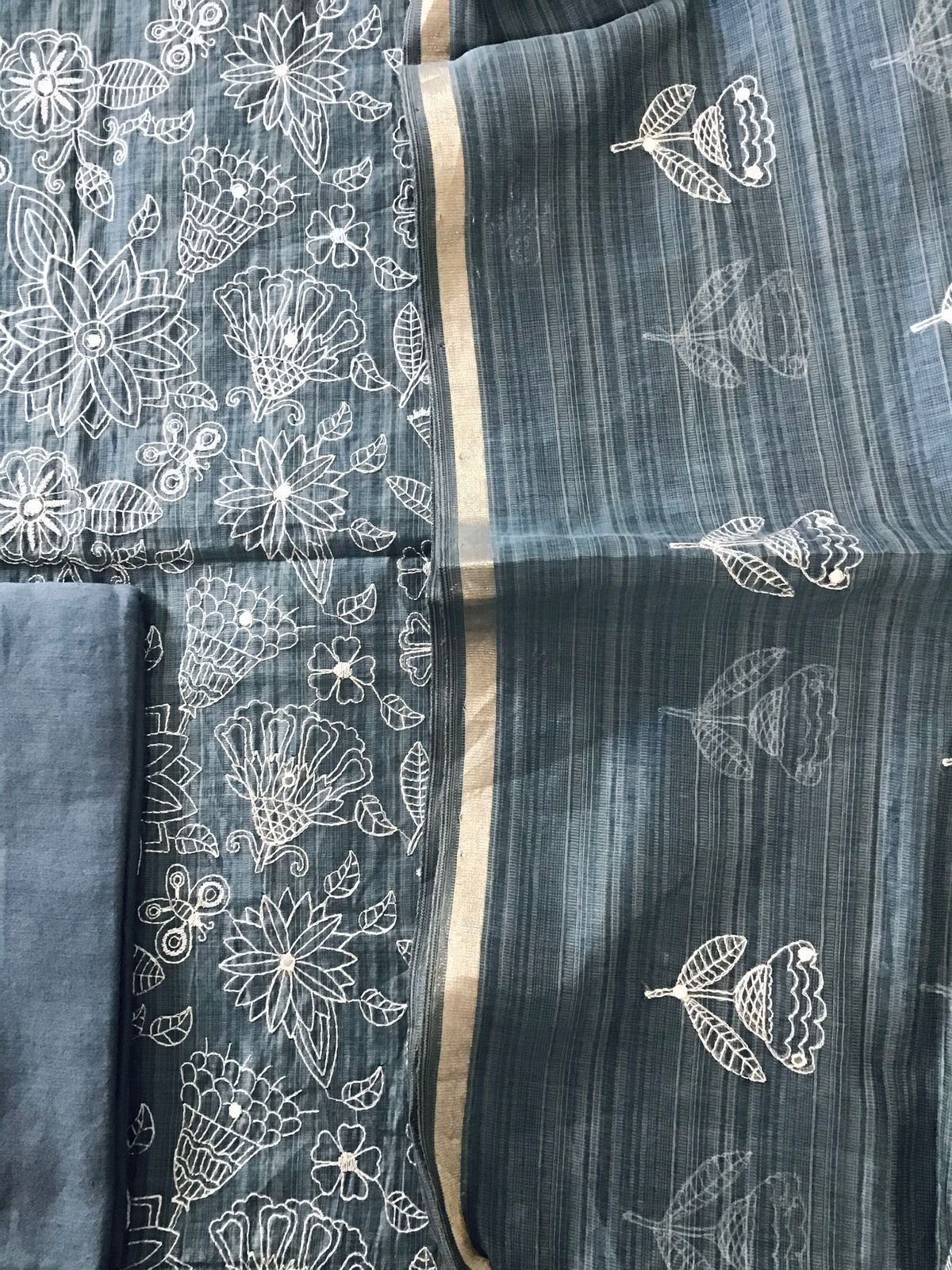 Soft Slub Chanderi Embroidered Suit - Dark Grey