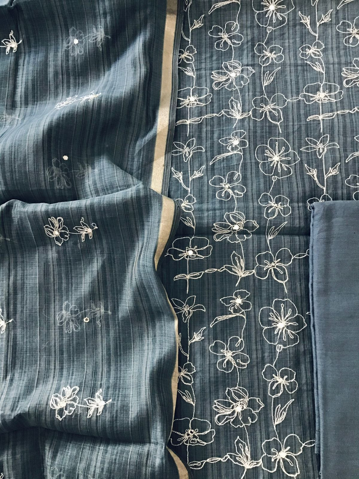 Soft Slub Chanderi Embroidered Suit - Dark Grey