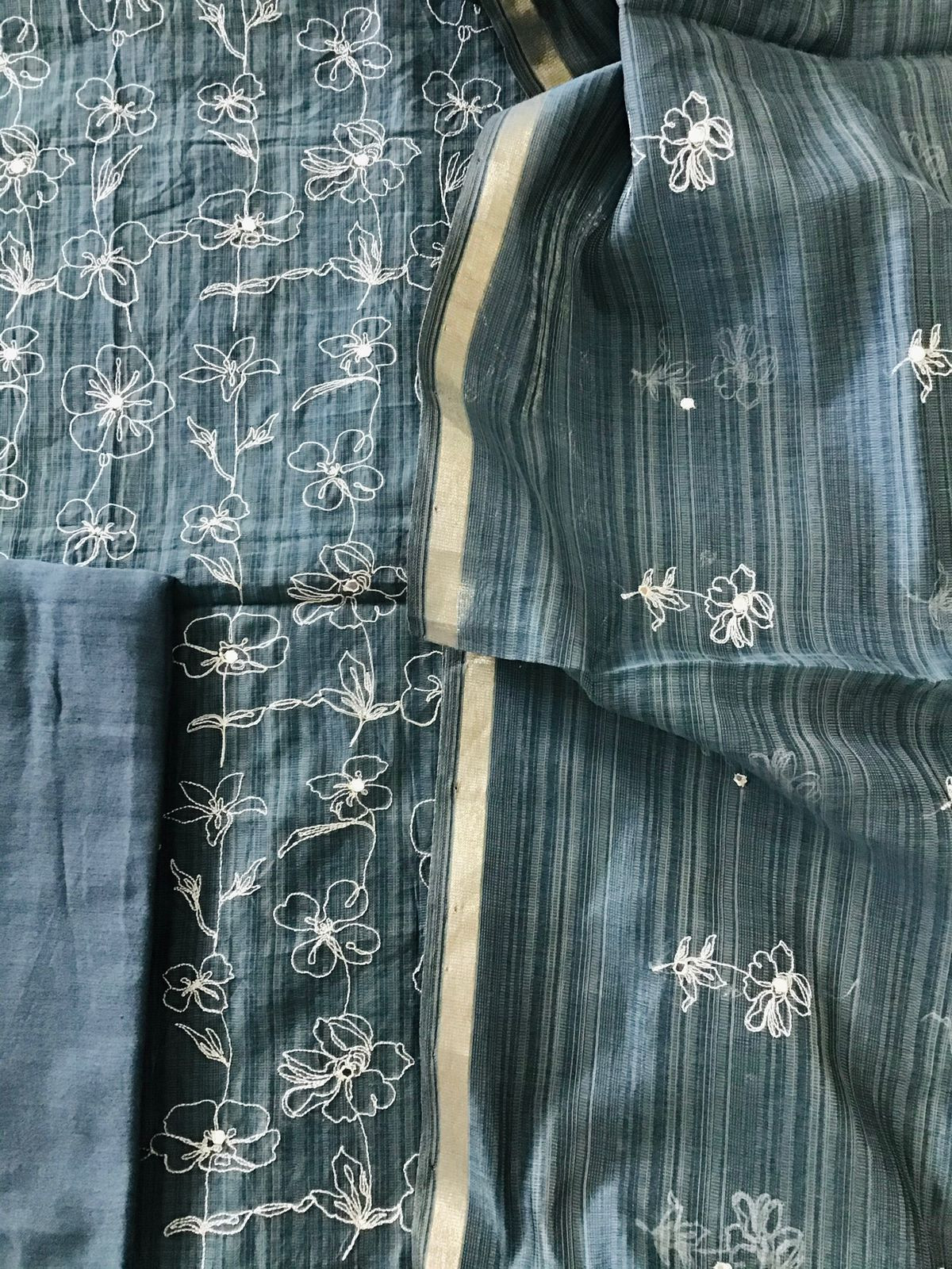 Soft Slub Chanderi Embroidered Suit - Dark Grey