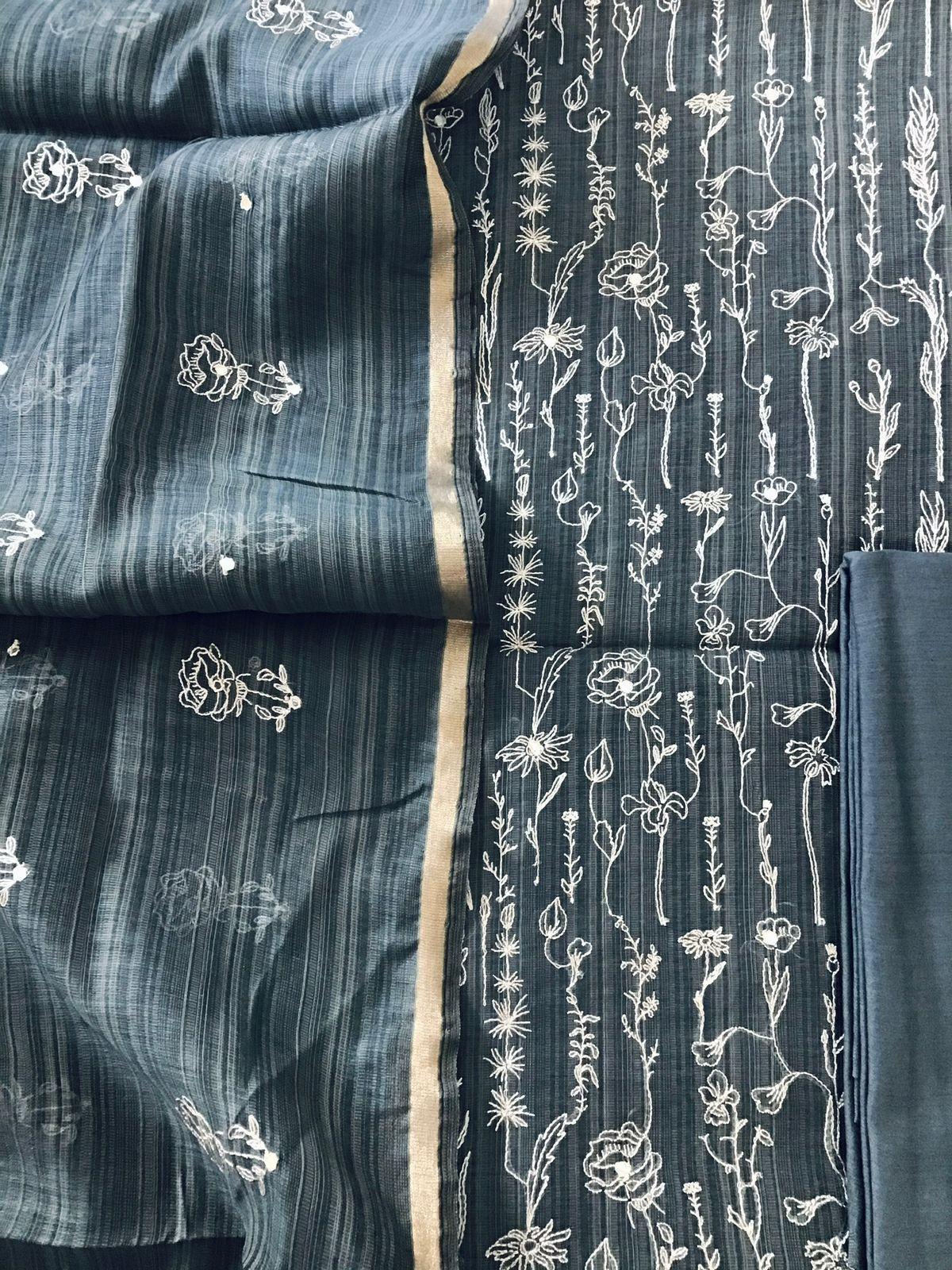 Soft Slub Chanderi Embroidered Suit - Dark Grey