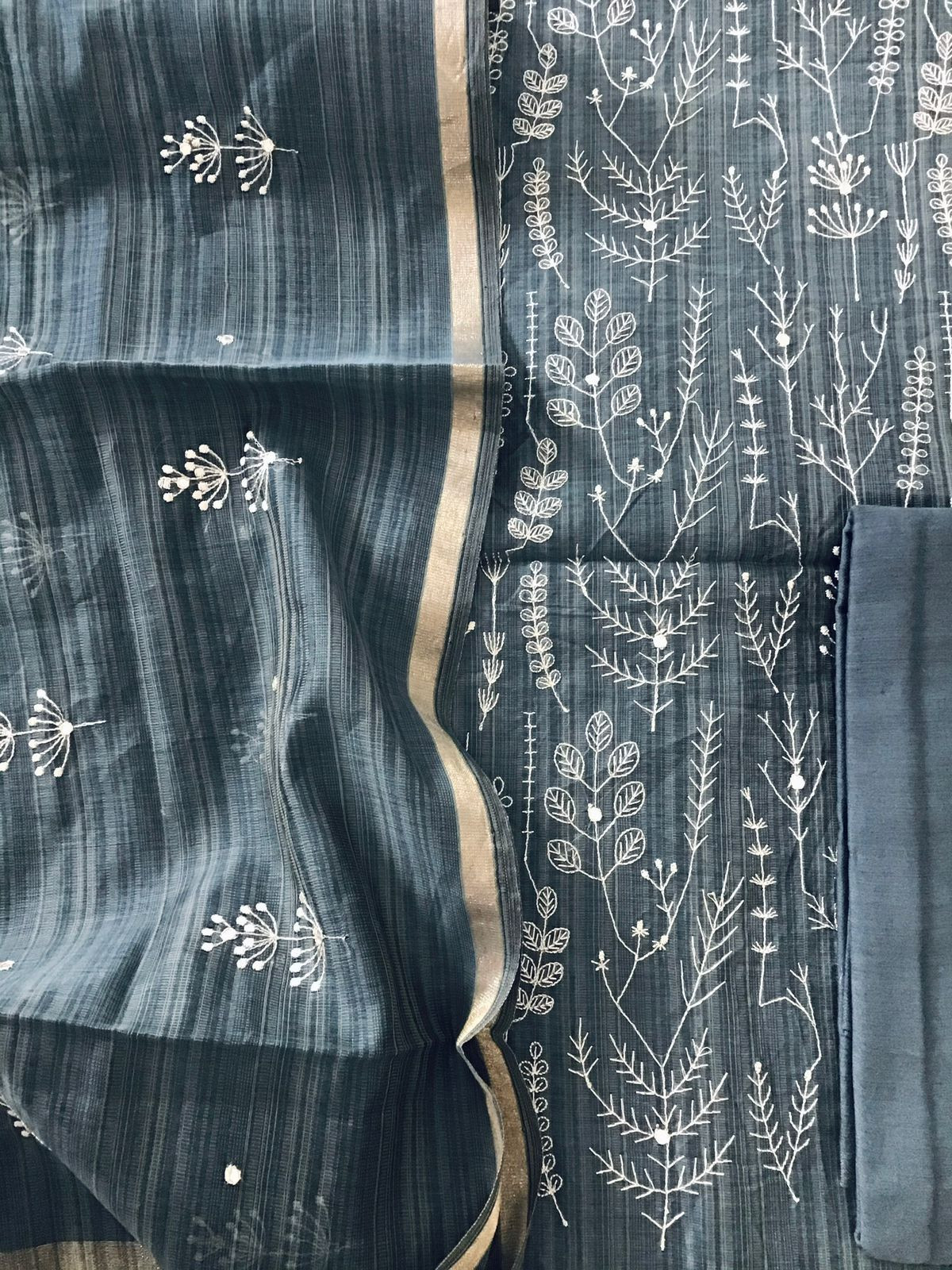 Soft Slub Chanderi Embroidered Suit - Dark Grey