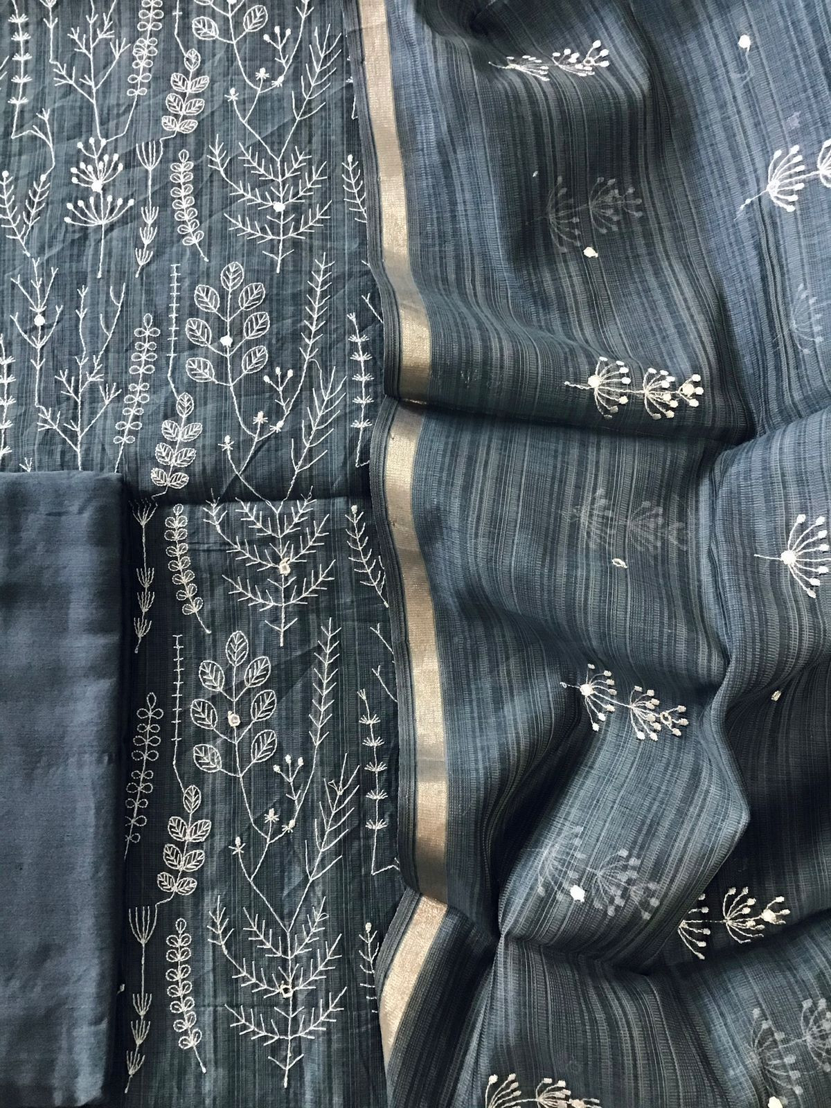Soft Slub Chanderi Embroidered Suit - Dark Grey